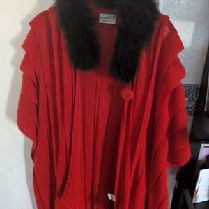 Red Poncho with Black Fur Collar